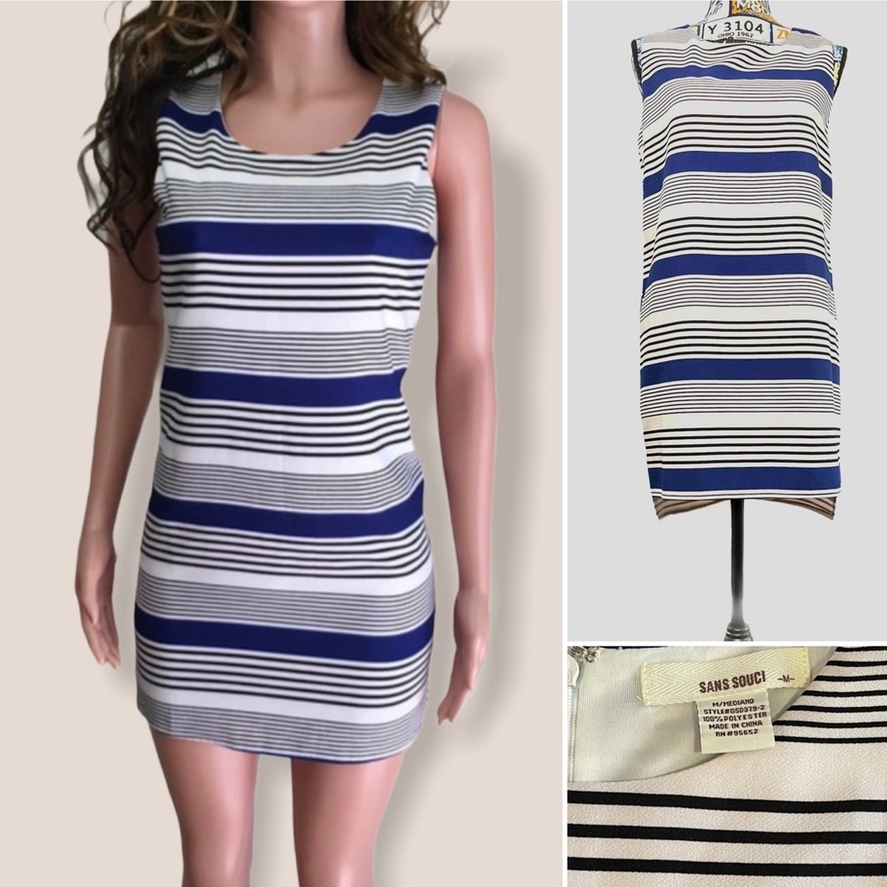 SANS SOUCI SLEEVELESS SHORT STRIPED SHIFT DRESS,M